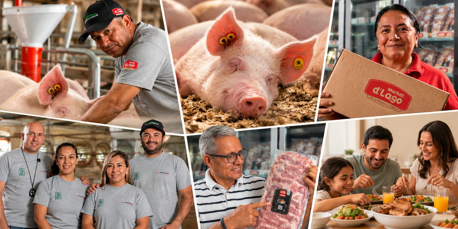 Collage de seis imágenes: un hombre con gorra junto a unos cerdos, un cerdo que descansa sobre viruta, una mujer con polo rojo sostiene una caja de Market d'Lago, cuatro personas con camiseta gris, un hombre muestra un paquete de carne y una familia a la mesa